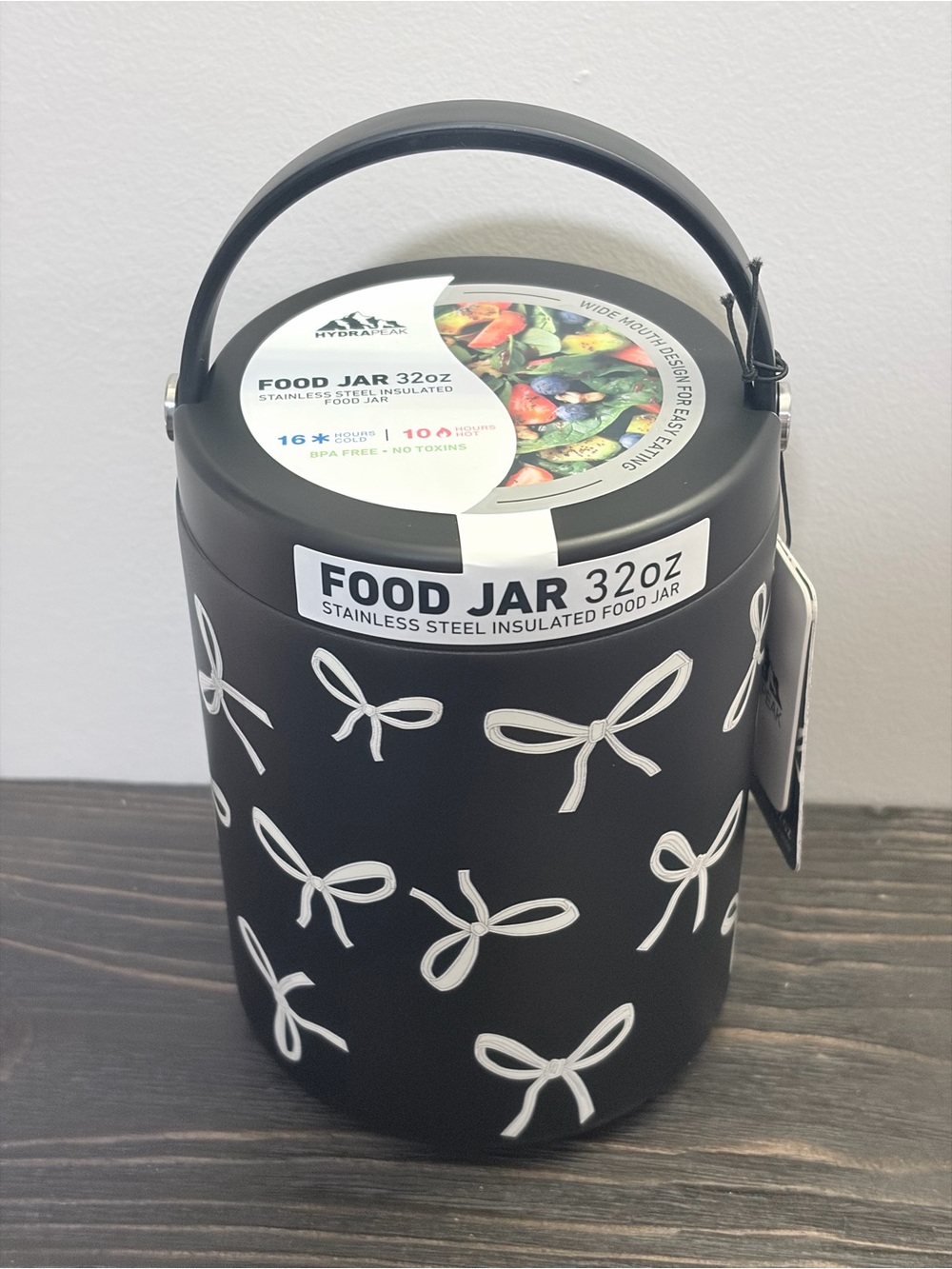 HydraPeak 32oz Black Bow Stainless Steel Insulated Food Jar Coquette NWT